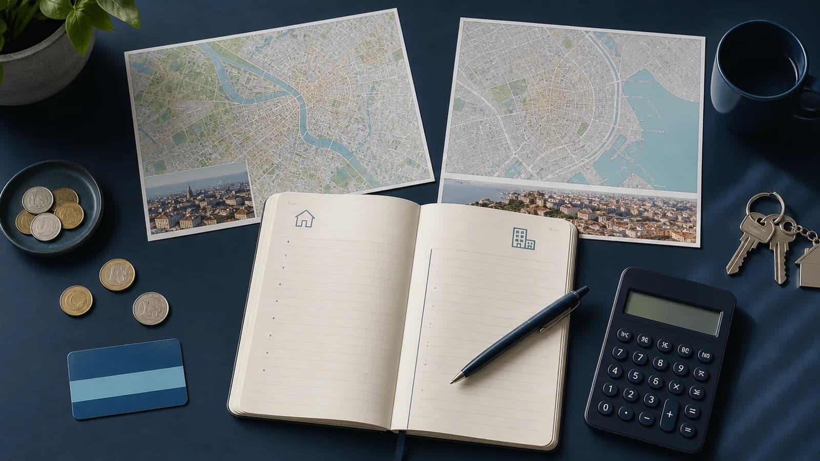 Two European city maps, apartment keys and a monthly budget notebook arranged for a cost-of-living comparison