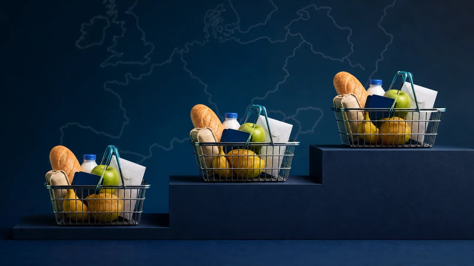 Three identical shopping baskets on different levels illustrating lower, average and higher price levels