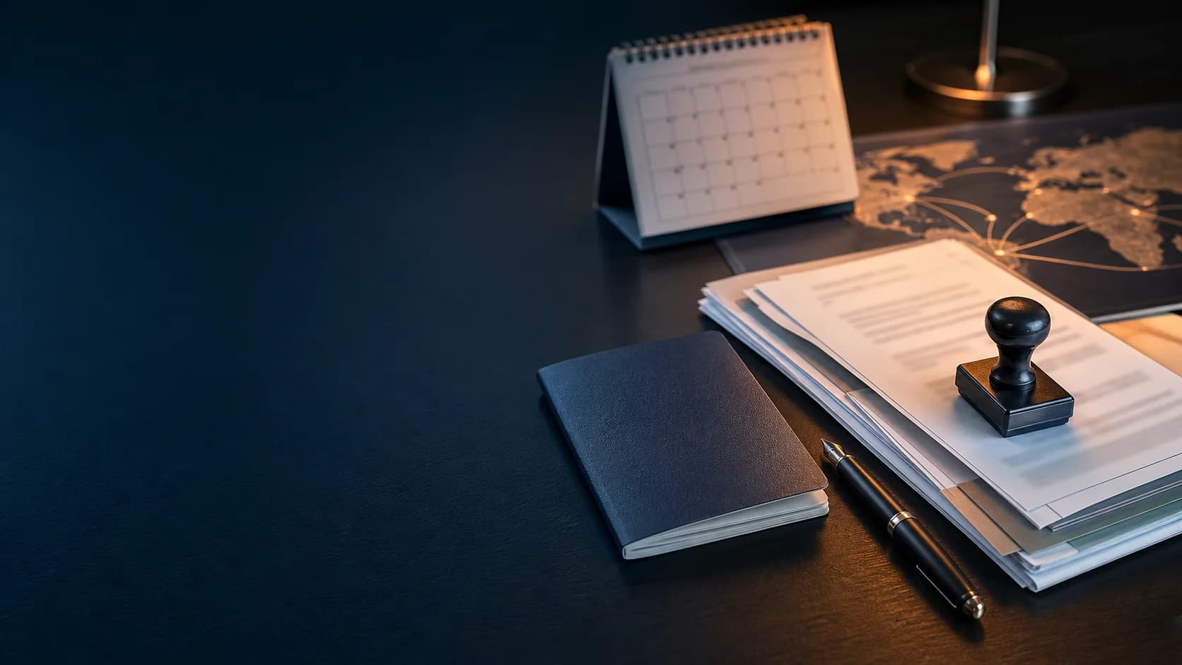 Travel documents, calendar and passport file prepared for cross-border compliance planning