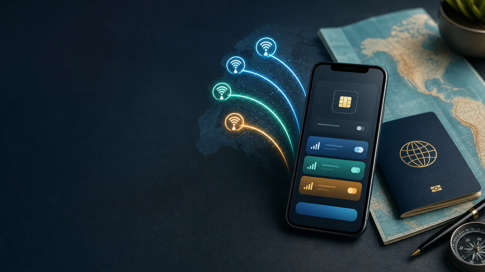 Phone with three travel data plan options beside a passport and world map