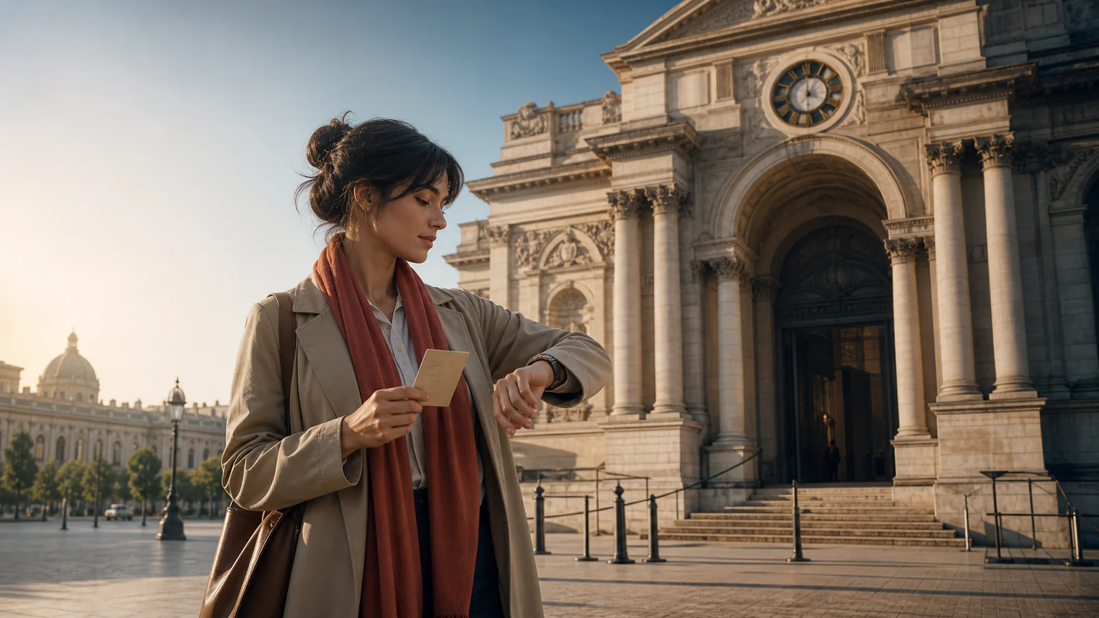 Traveler checking a timed attraction ticket and watch before a historic entrance