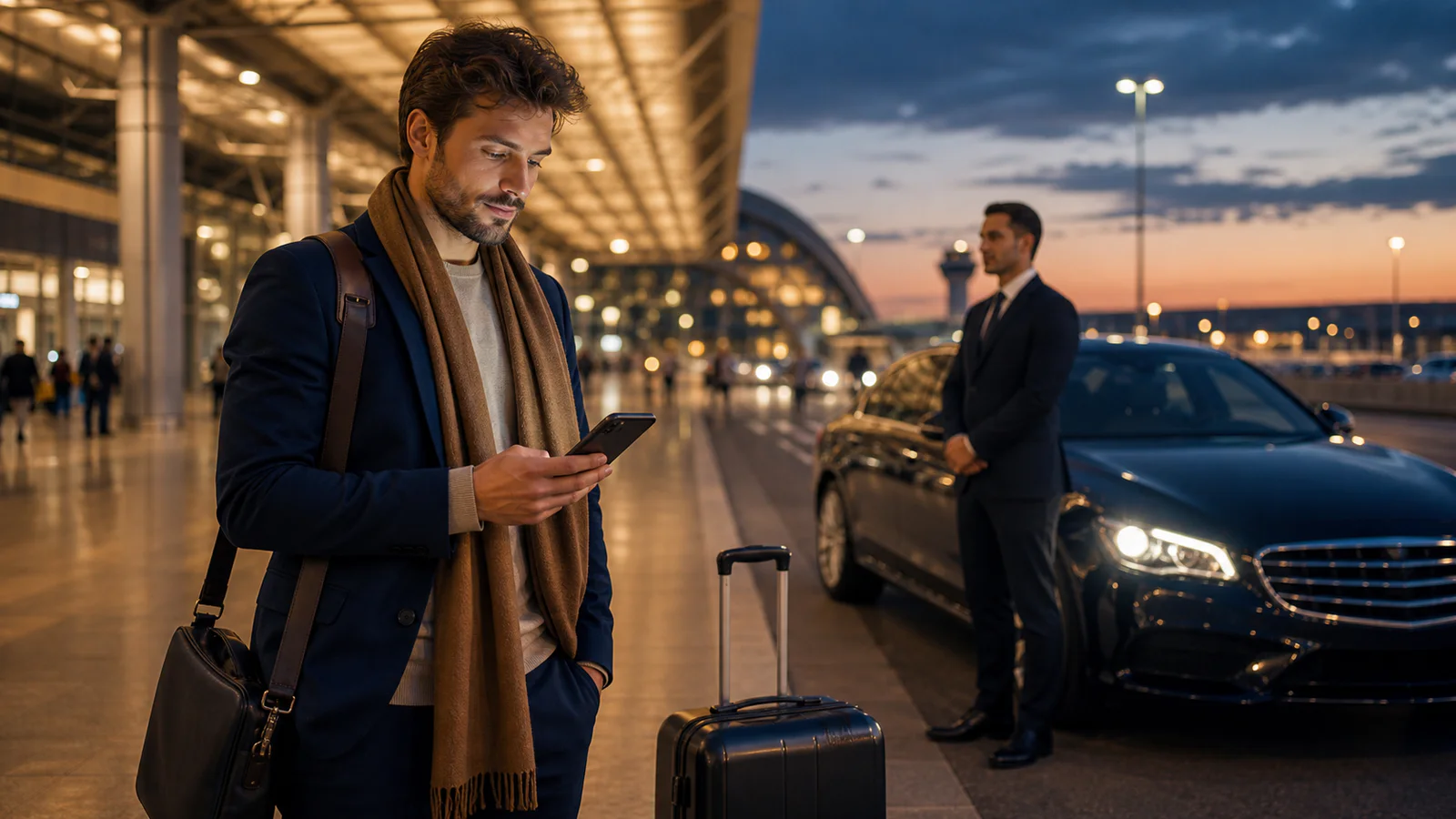 Traveler verifying a pre-booked airport pickup beside luggage and an unbranded driver