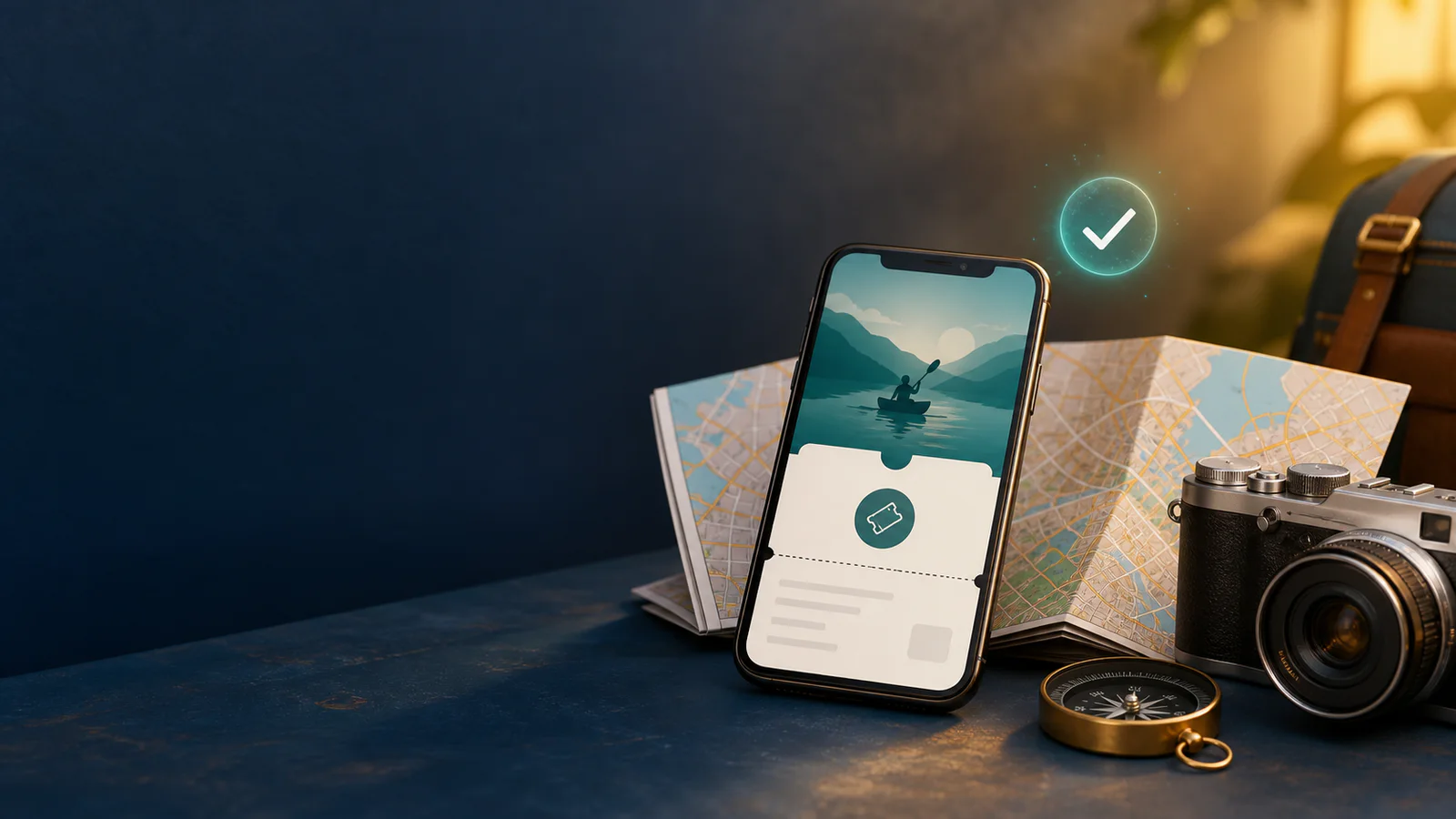Activity ticket on a phone beside a city map, camera and compass
