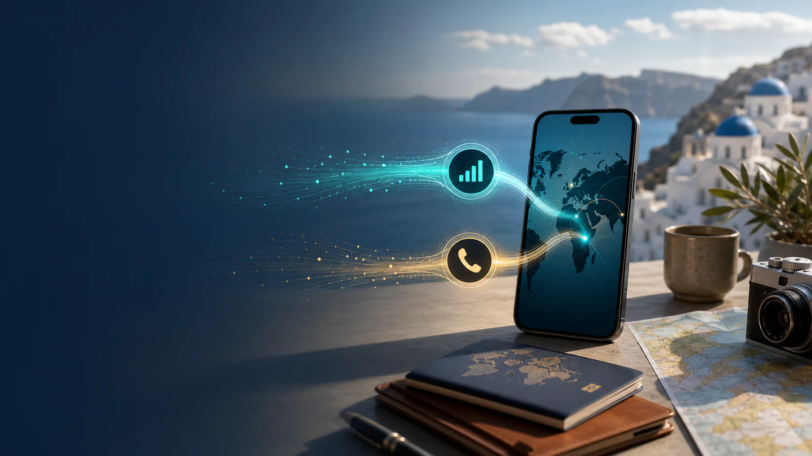 Phone illustrating a data connection and a phone-number connection while travelling