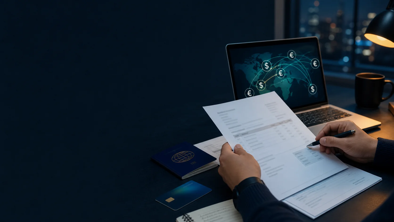 Freelancer organizing a multi-currency invoice and payment workflow beside travel documents