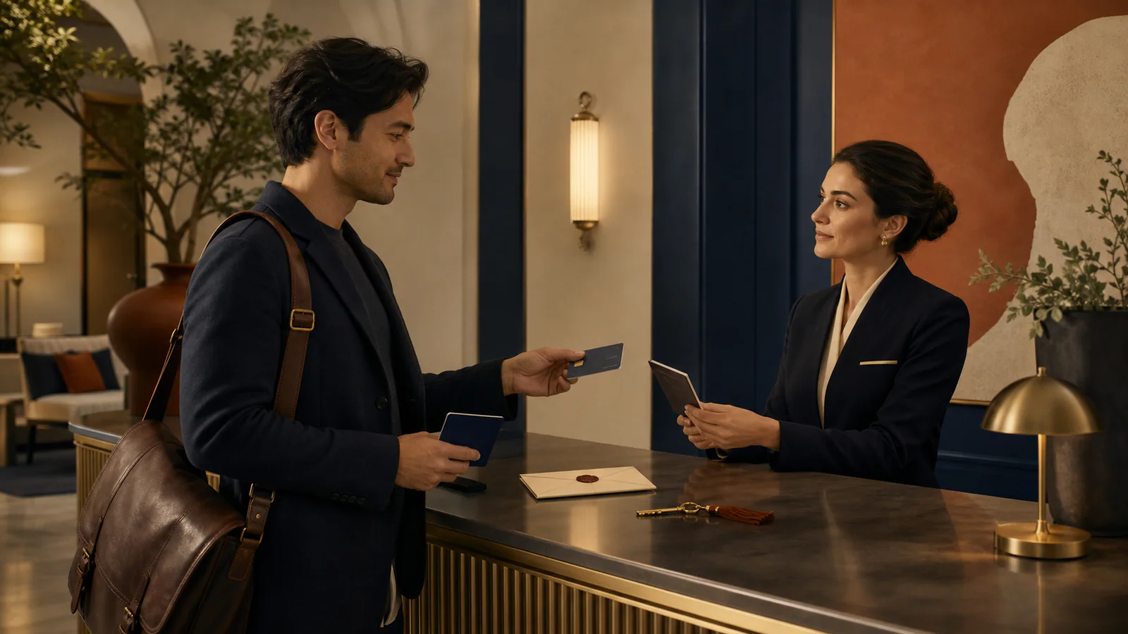 Traveler presenting a passport and payment card at a hotel reception identity check