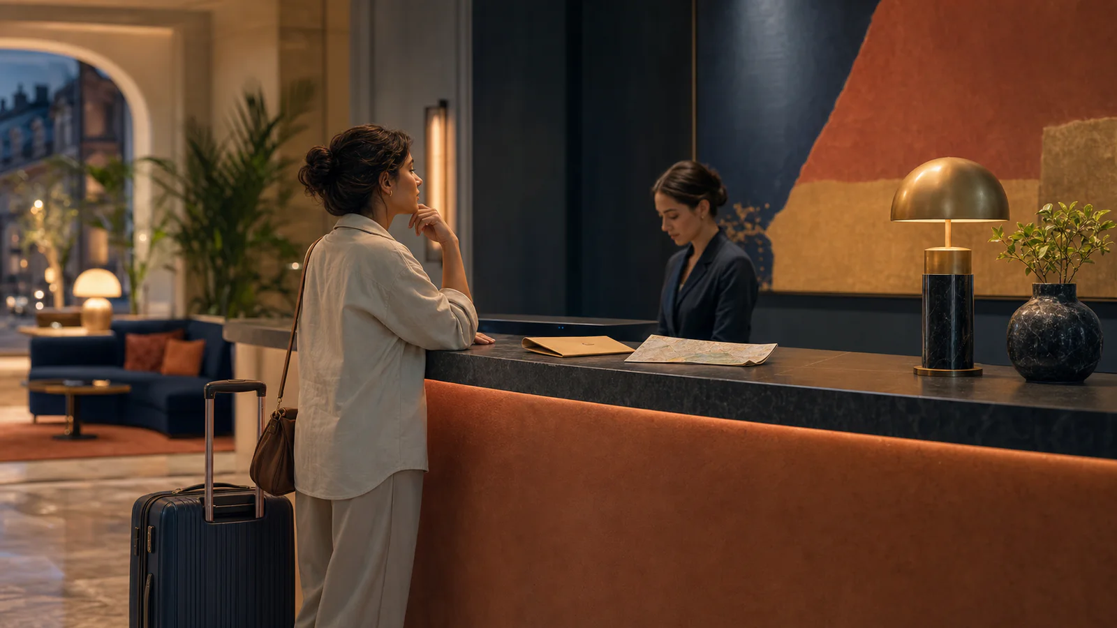 Traveler with luggage speaking calmly with a hotel receptionist about a room issue