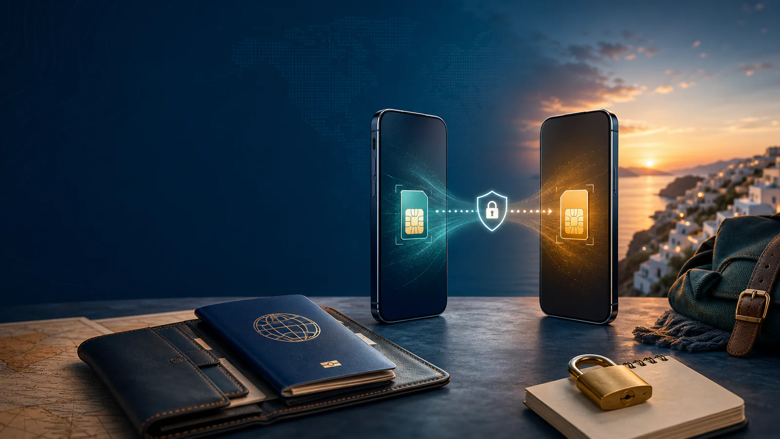 Two phones transferring a travel SIM profile beside a passport and secure notes
