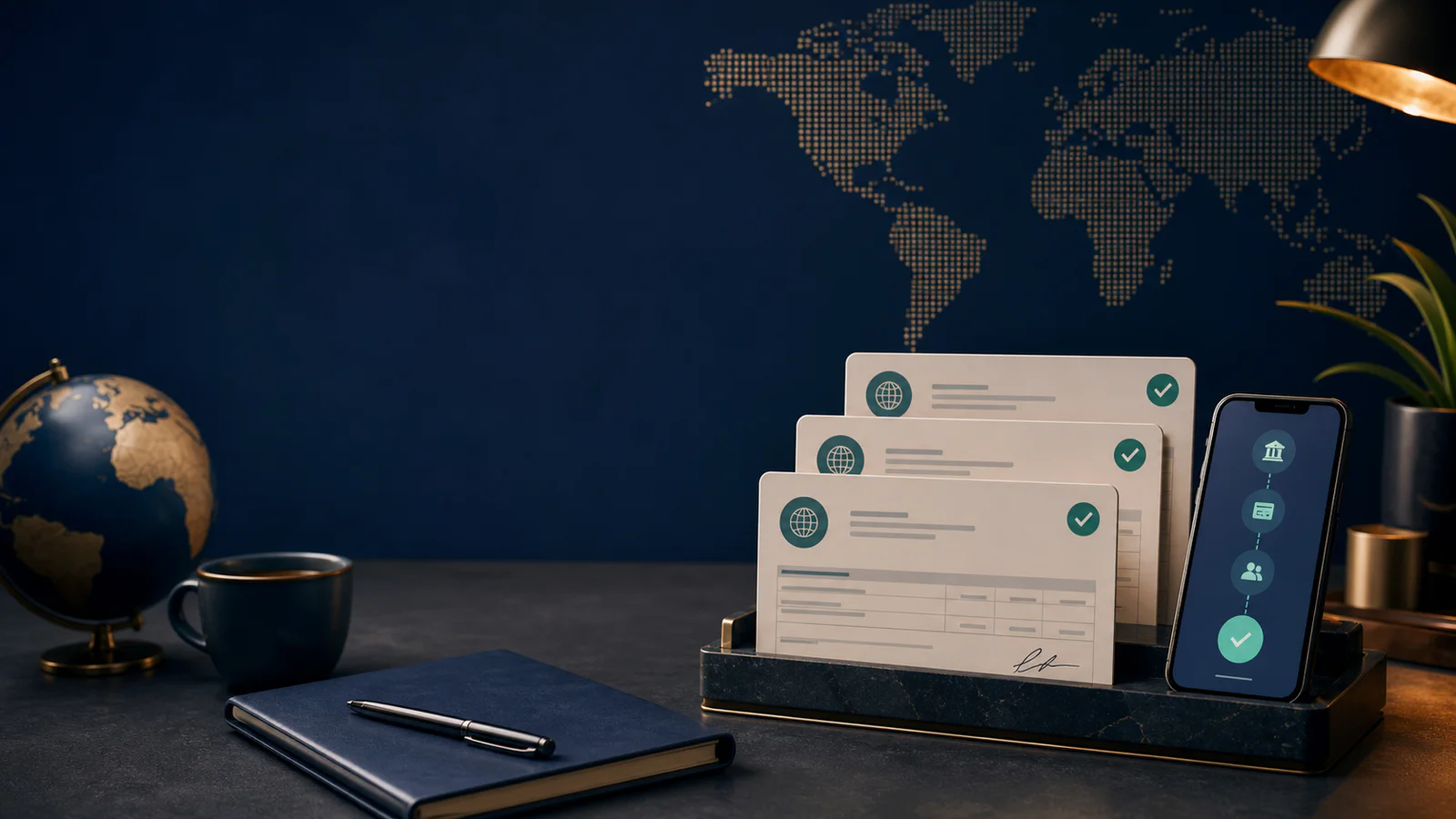 Approved contractor invoices and a global payment workflow on a desk