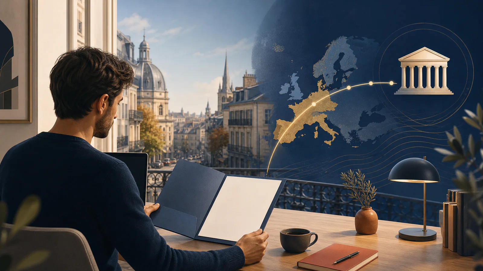 International freelancer reviewing a payment folder beside an abstract European transfer route