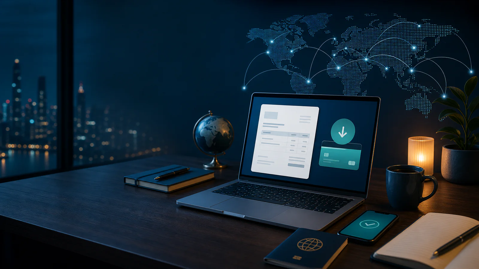 Freelancer invoice on a laptop with global payment connections