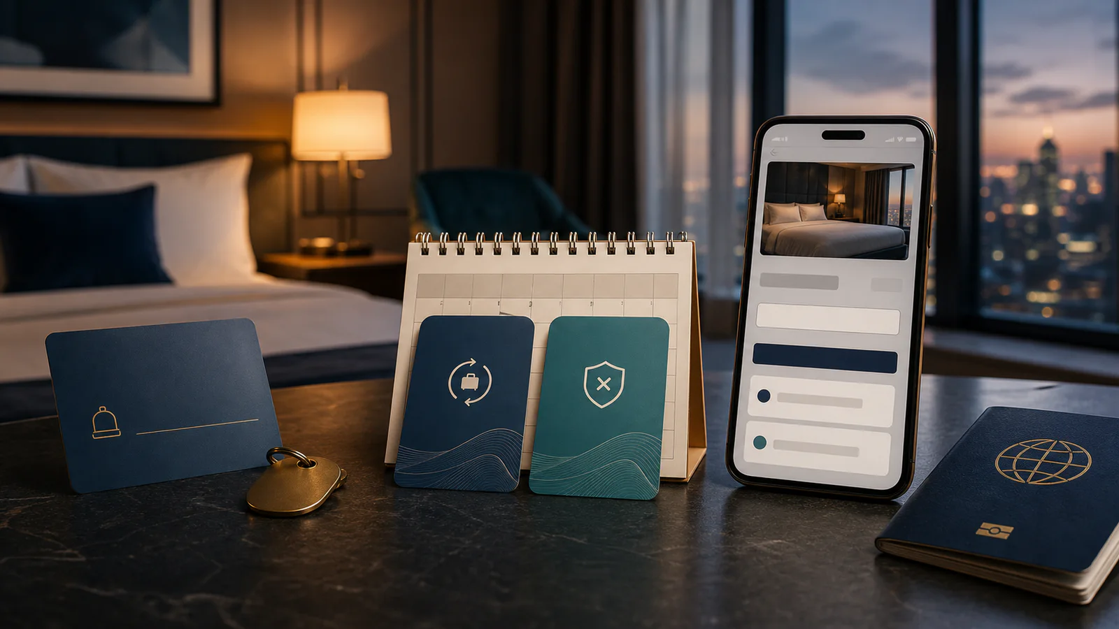 Hotel key card, calendar and phone showing two booking choices