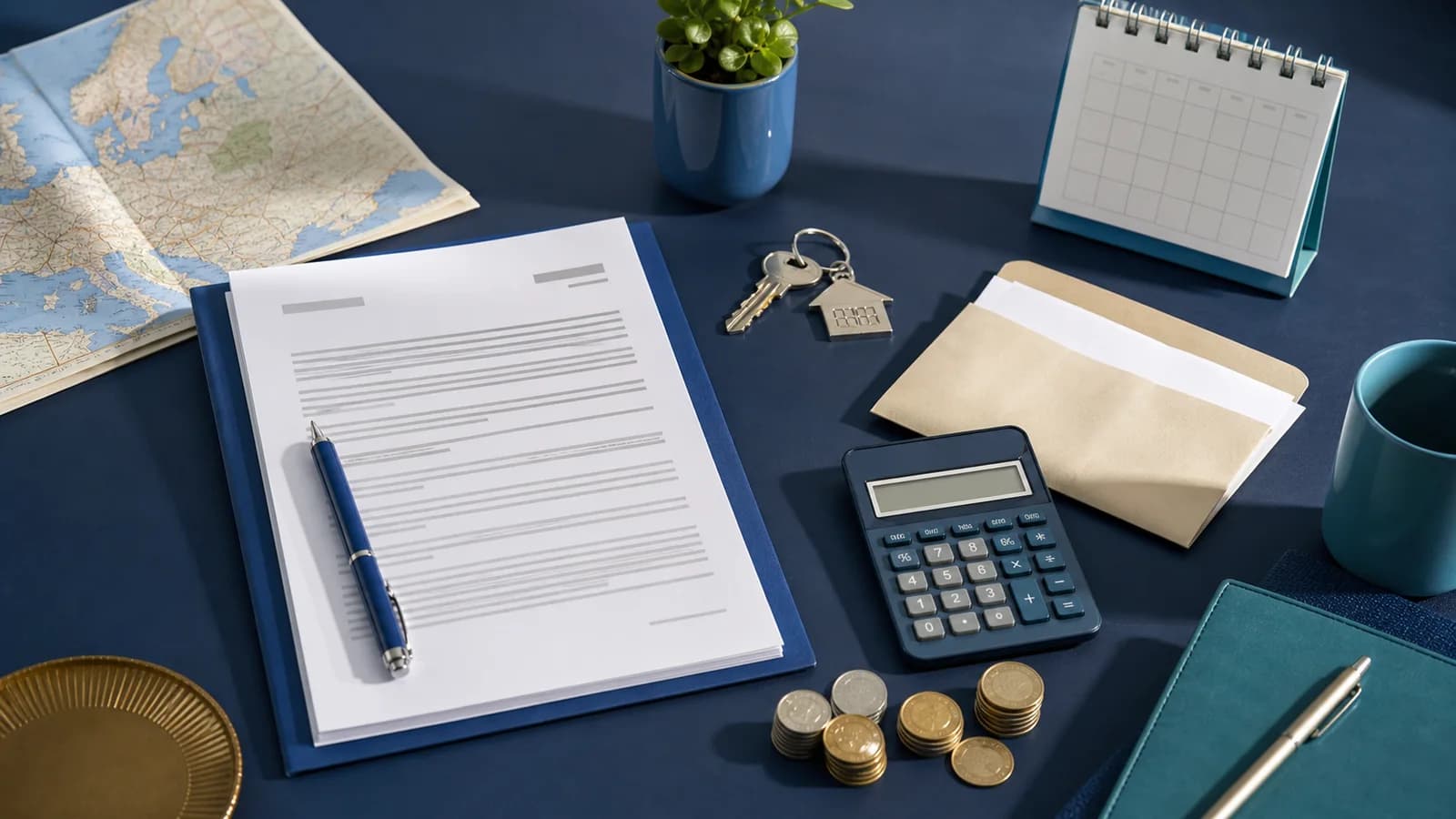 Job offer, apartment keys, calculator and moving budget arranged on a desk with a map of Europe