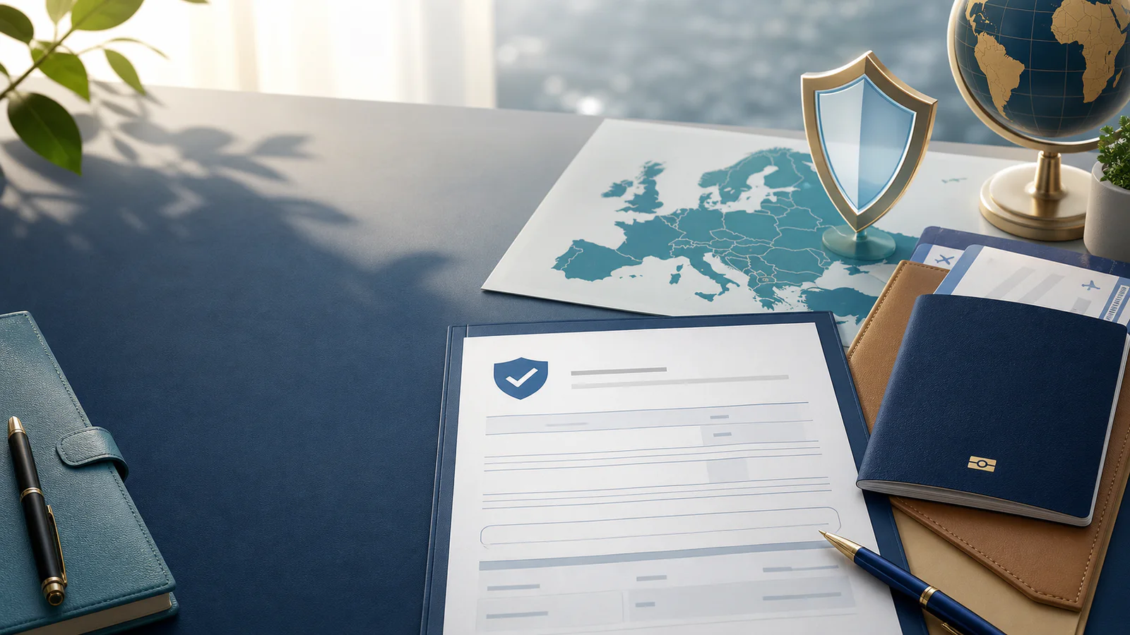 Travel insurance document, passport and map of Europe on a desk