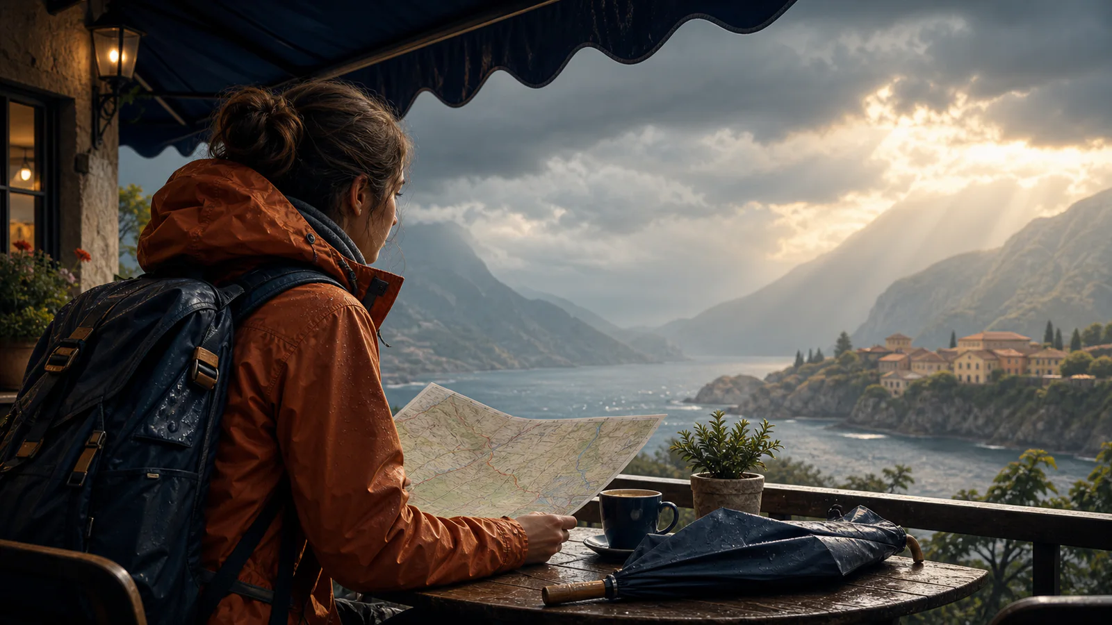 Traveler with a route map preparing a weather backup plan before a scenic tour
