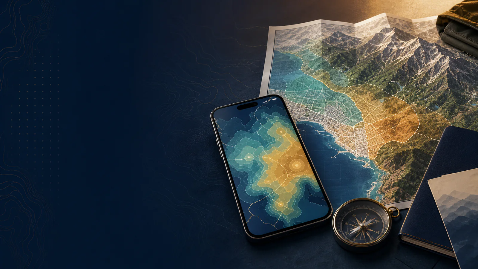 Phone with an abstract coverage map beside maps of city, coast and mountains