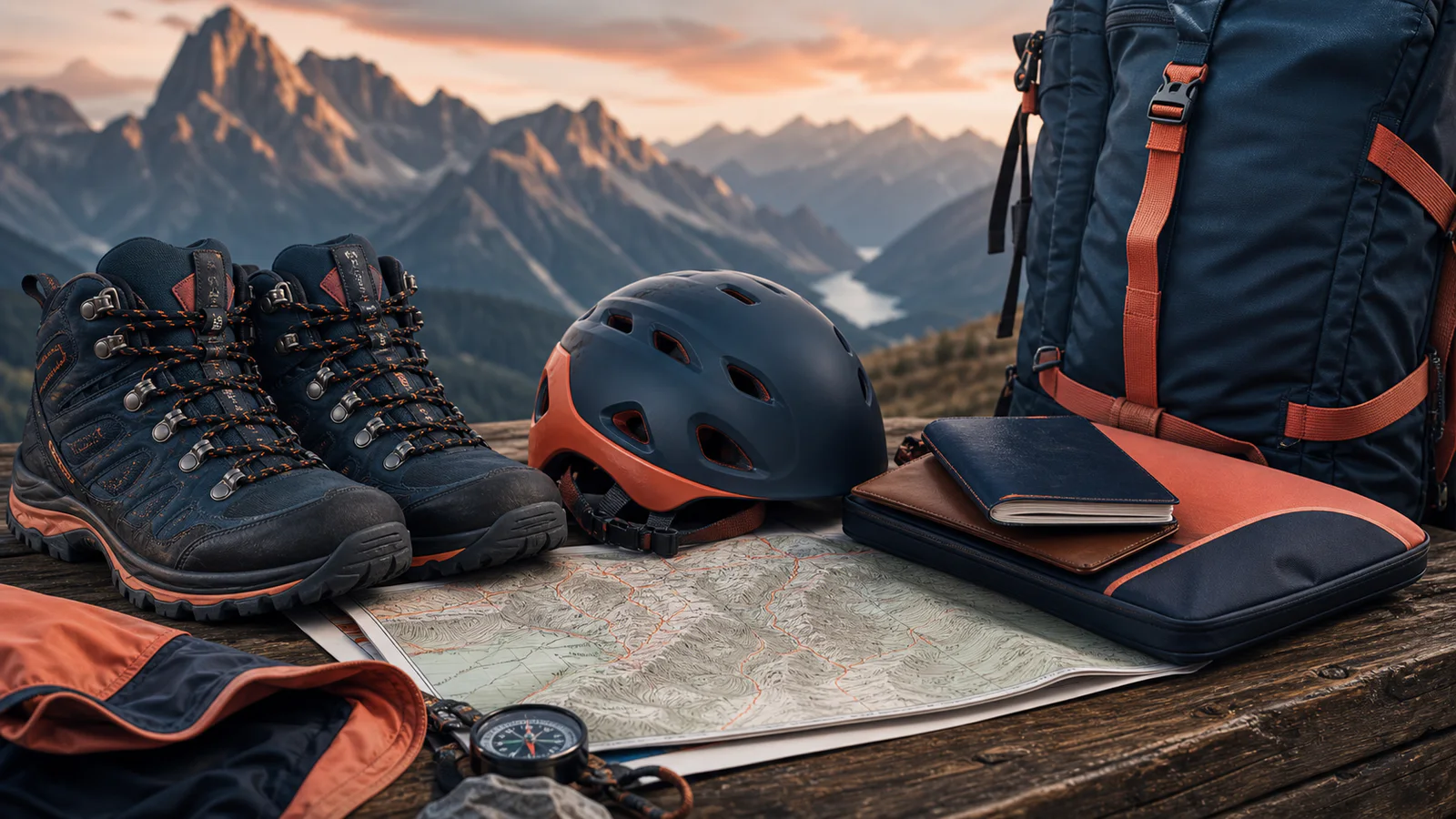 Hiking boots, helmet, trail map and travel insurance document before a mountain outing