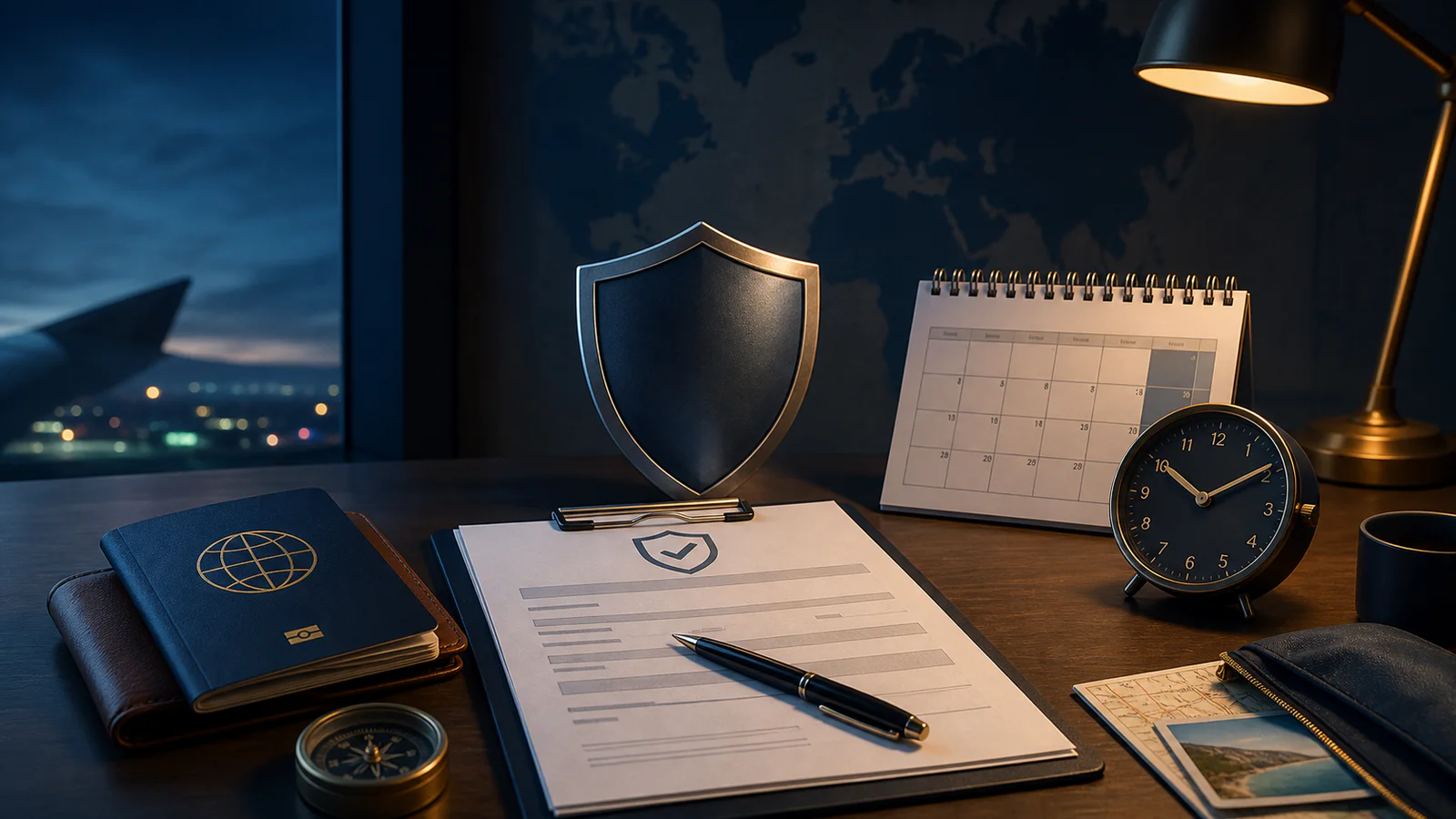 Travel insurance document, calendar and clock beside a passport before a flight