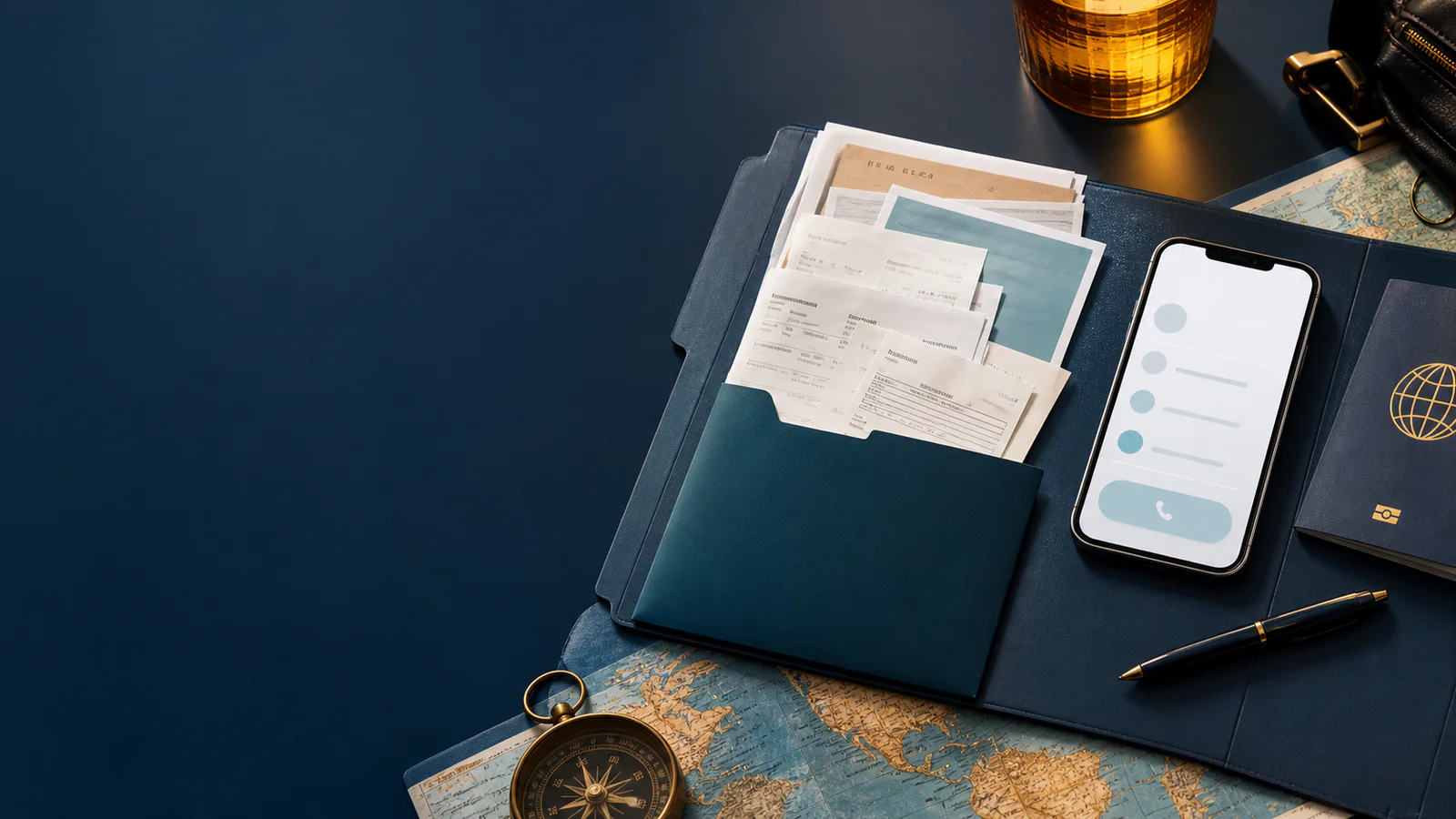 Travel receipts and document folder beside a phone with an assistance contact