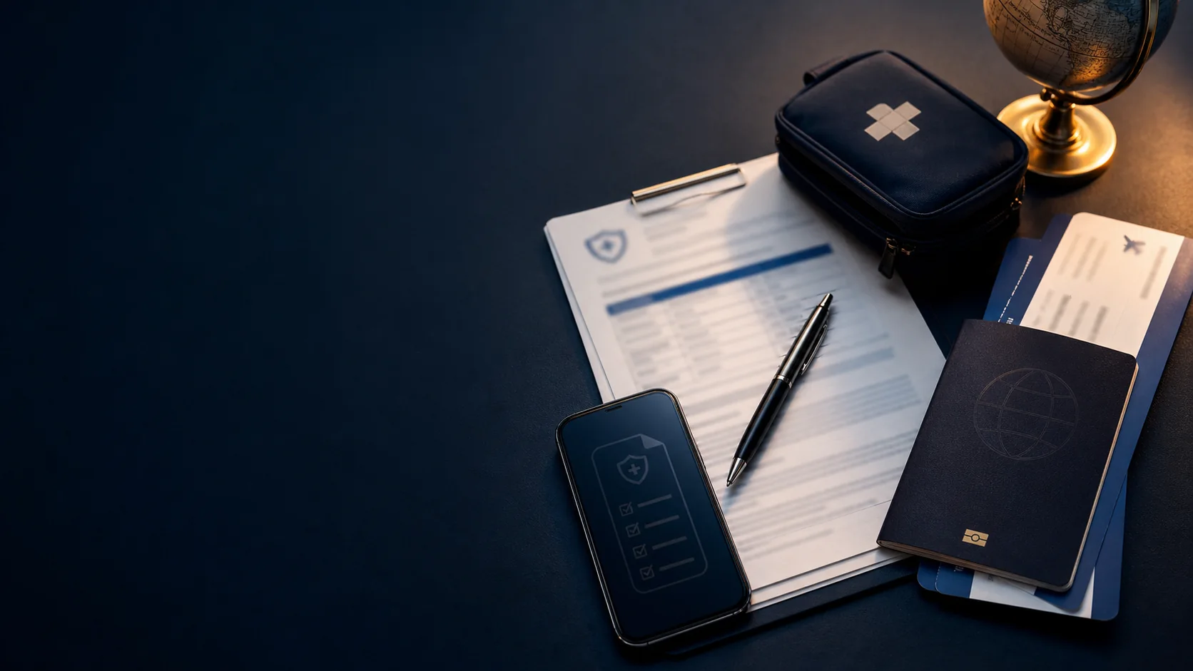 Travel documents, insurance checklist and first-aid pouch prepared before a trip