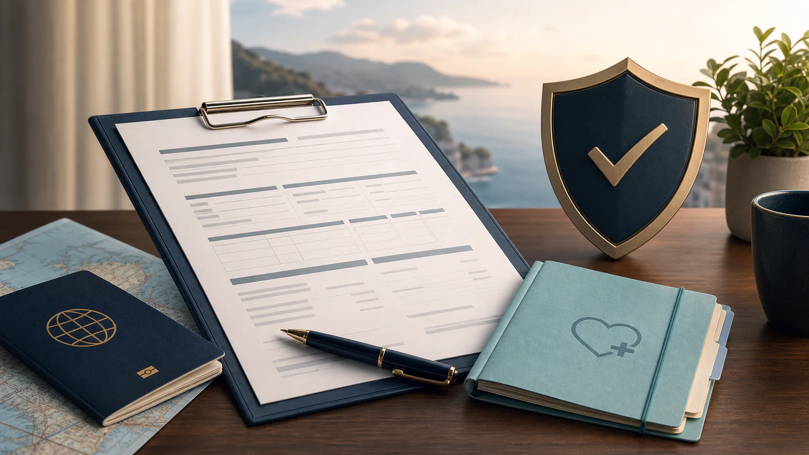 Travel insurance policy, passport and health-notes folder on a desk