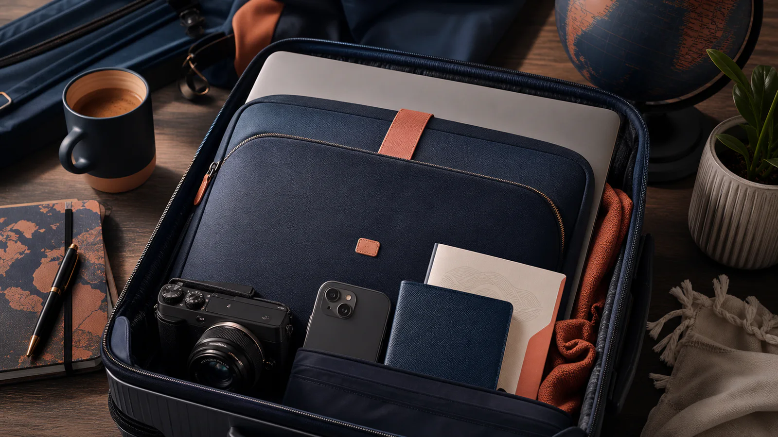 Protected laptop, camera and travel insurance document in an organized carry-on setup