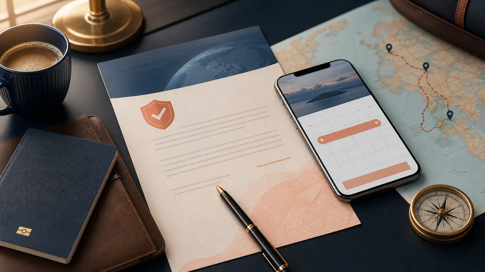 Travel insurance document, phone calendar and passport arranged for a trip extension