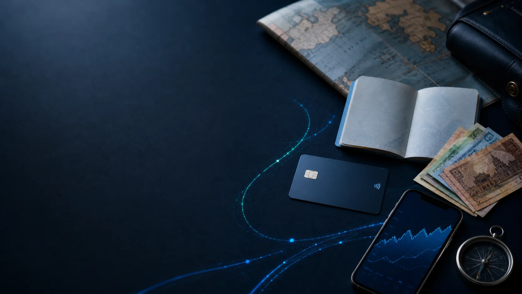 Travel payment card, passport, local cash and exchange-rate planning on a world map
