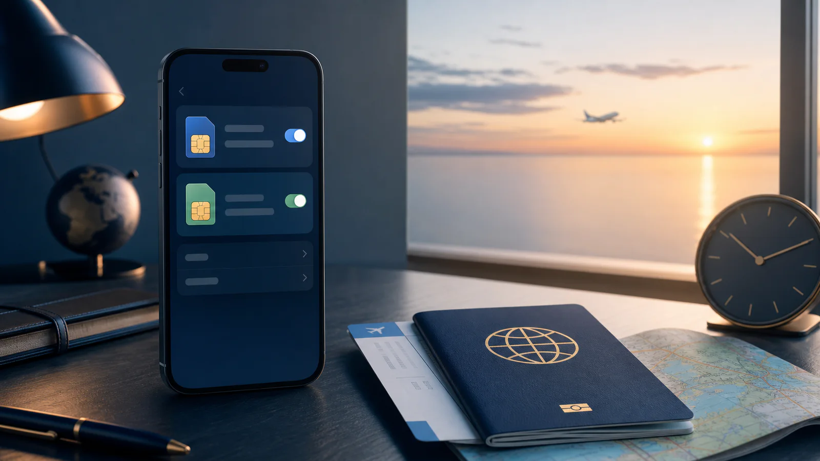 Phone with two travel SIM lines beside a passport, map and clock before a flight