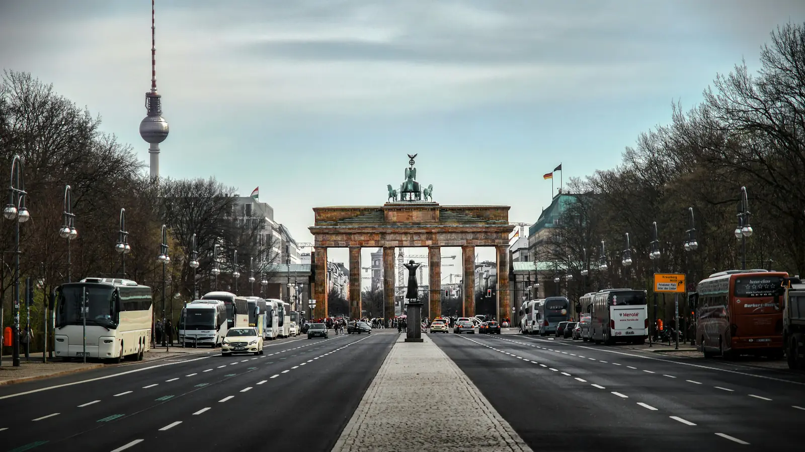 The Brandenburg Gate in Berlin, with the TV Tower behind it