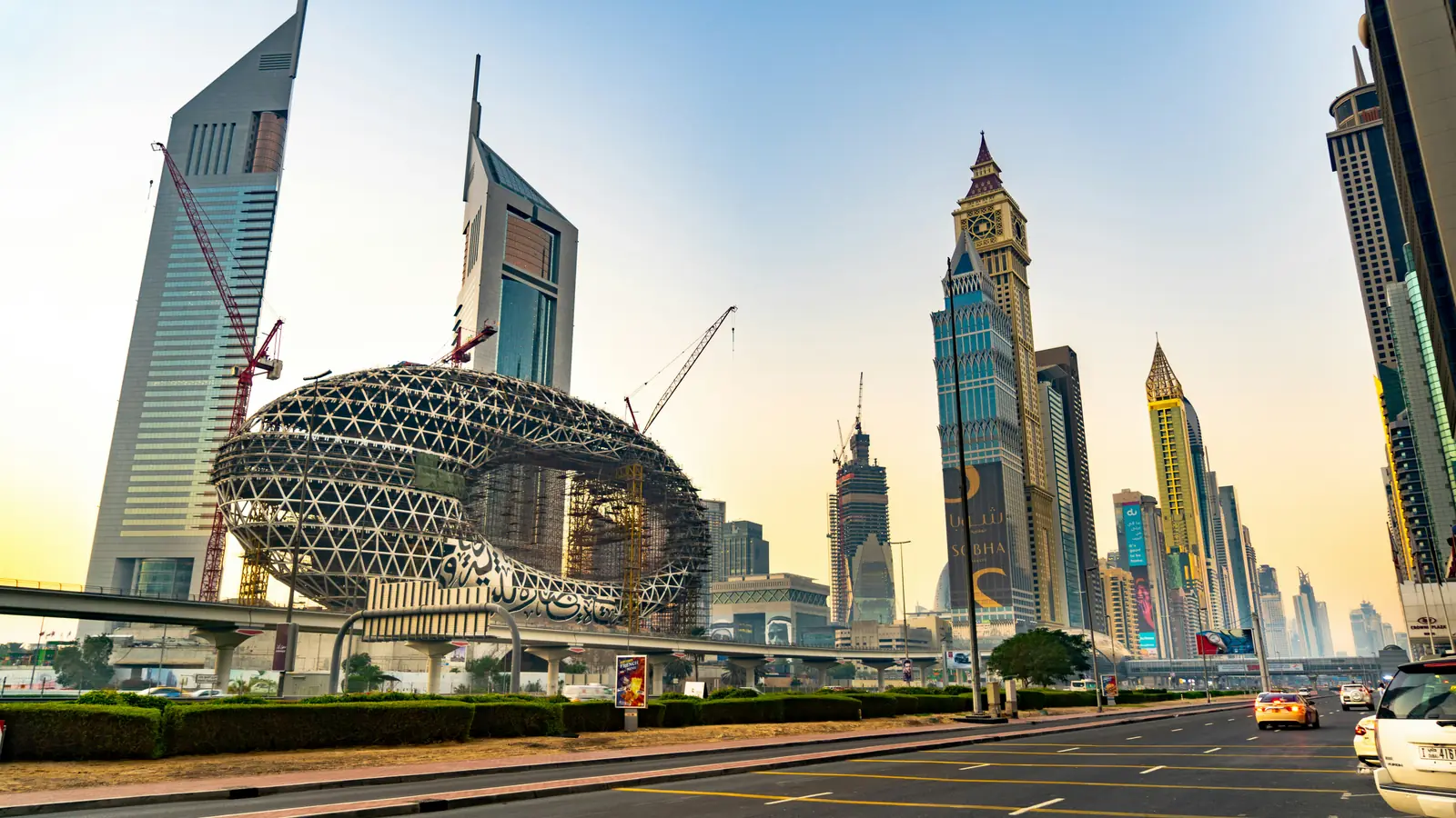 Towers along Sheikh Zayed Road in Dubai, with the Museum of the Future