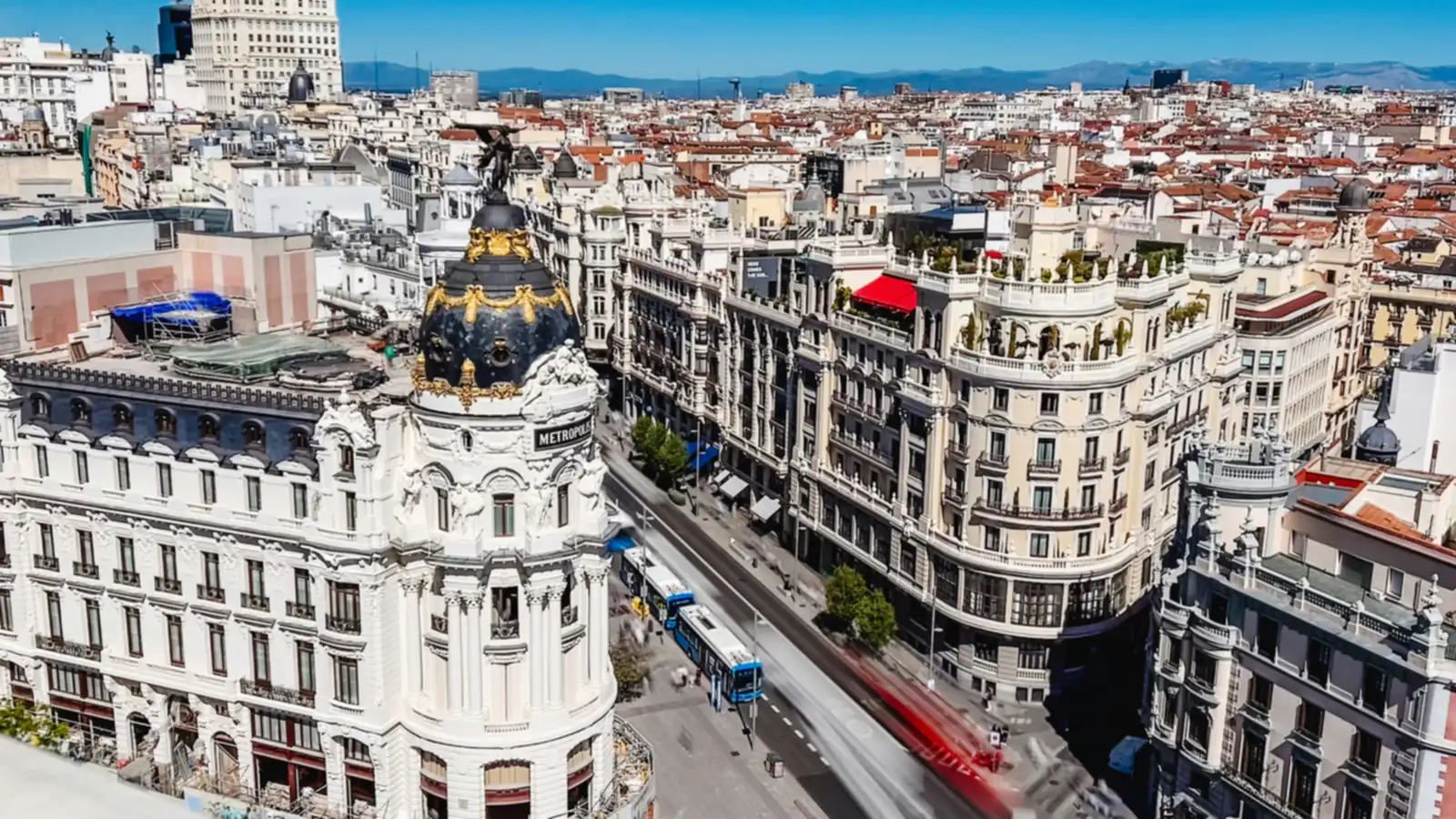 Gran Vía in central Madrid, with the domed Metrópolis building on the corner
